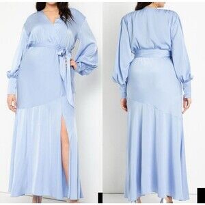 Eloquii Satin Blue Wrap Style Slit Maxi Grown Dress Party Wedding Elegant Sz 16